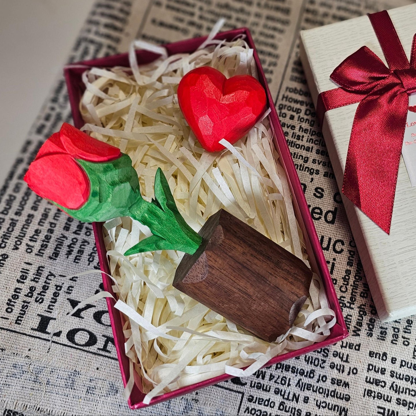 Rose + Red Heart Wooden Sculptures