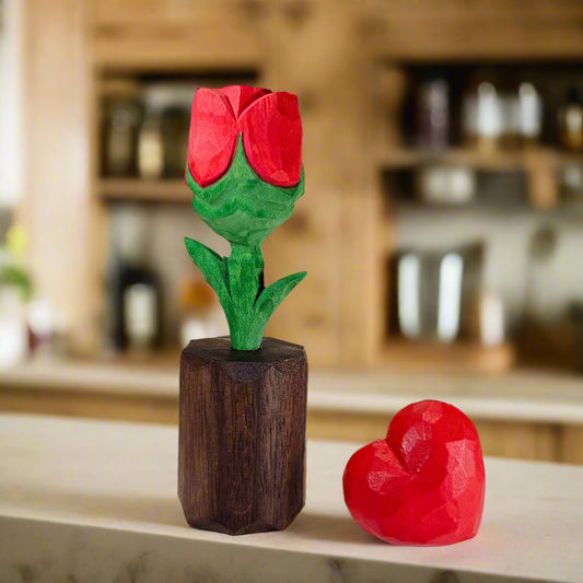 Rose + Red Heart Wooden Sculptures