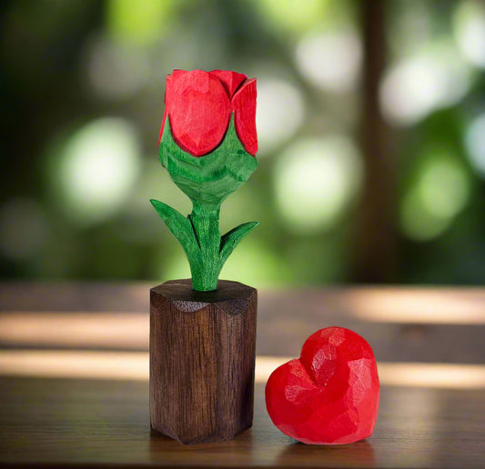 Rose + Red Heart Wooden Sculptures
