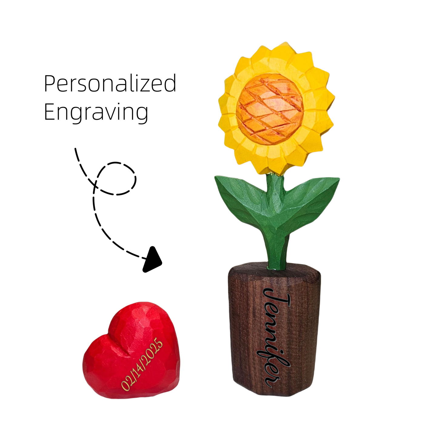 Sunflower + Red Heart Wooden Sculptures