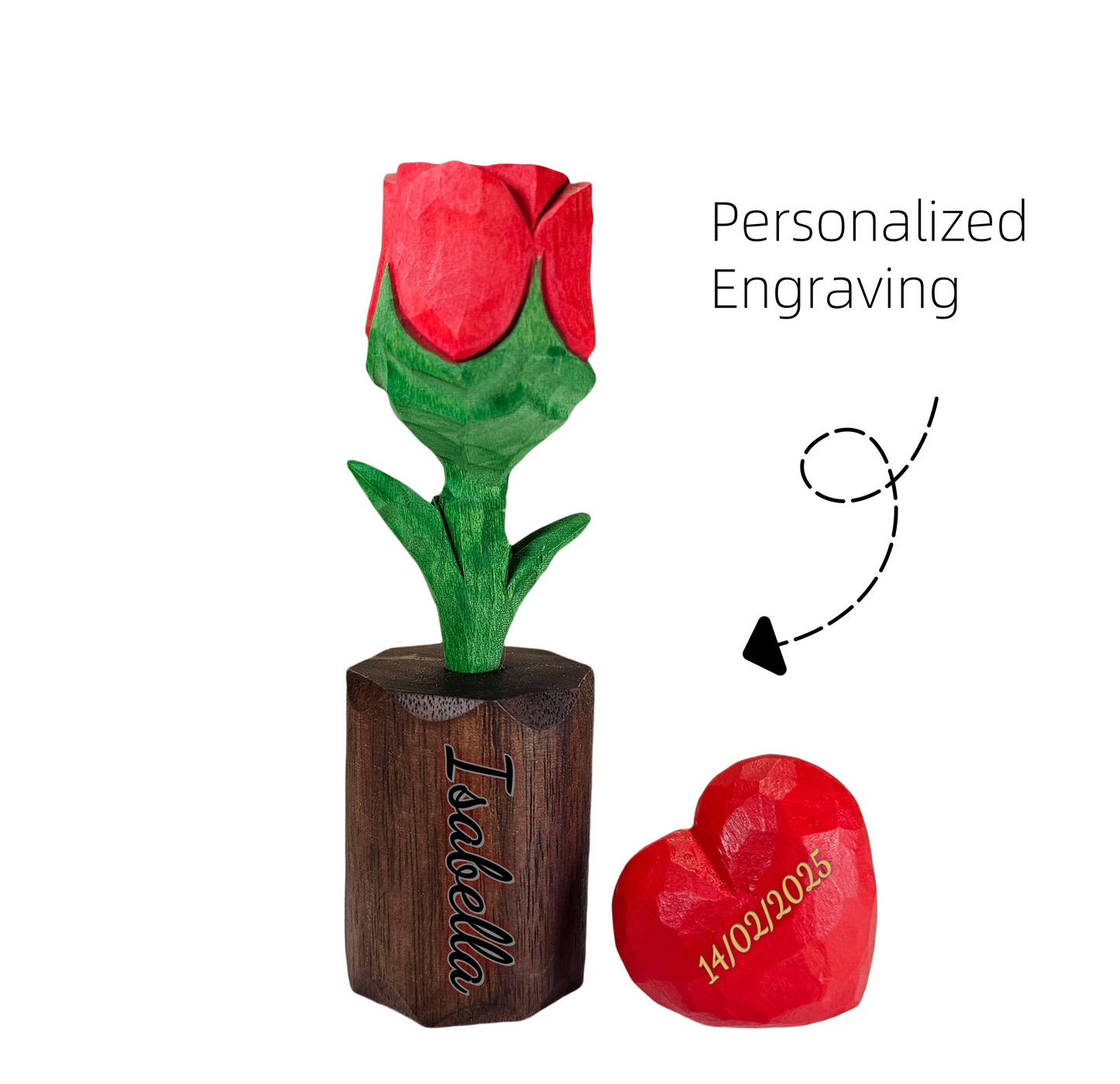 Rose + Red Heart Wooden Sculptures
