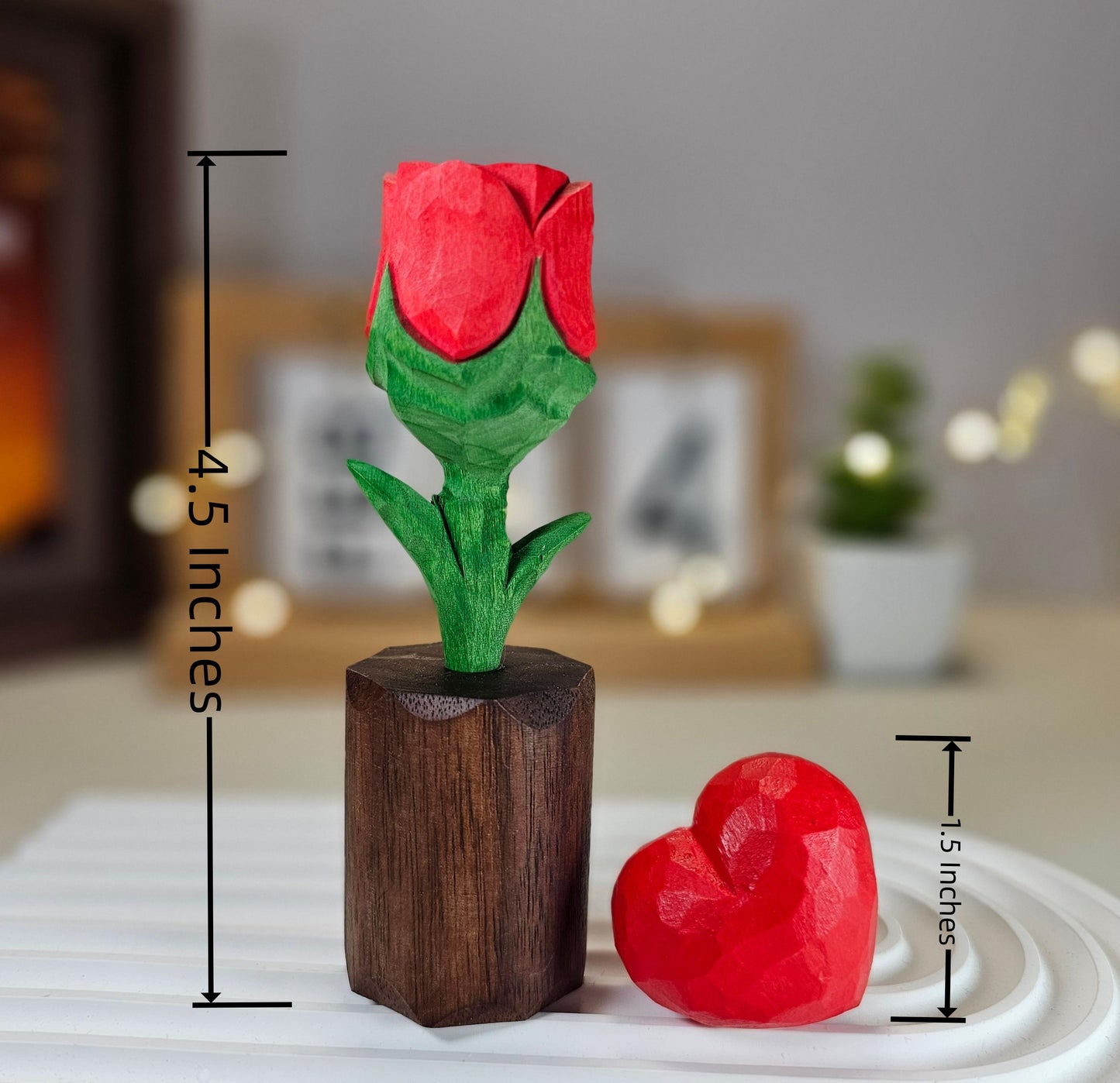Rose + Red Heart Wooden Sculptures