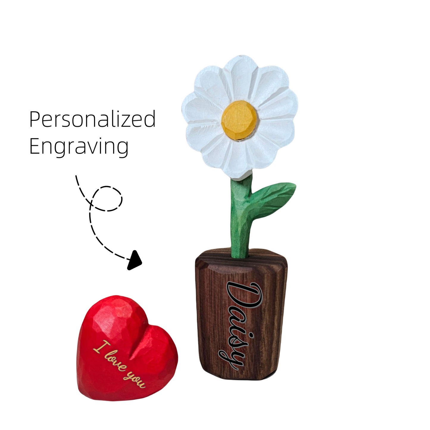 Daisy + Red Heart Wooden Sculptures