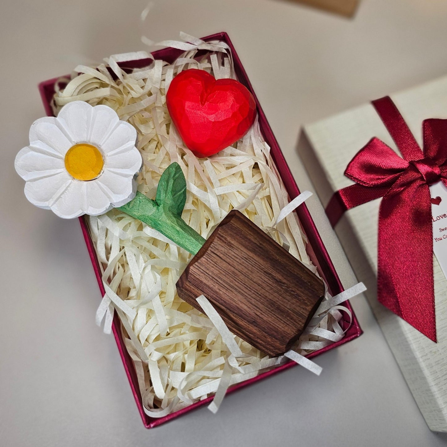 Daisy + Red Heart Wooden Sculptures