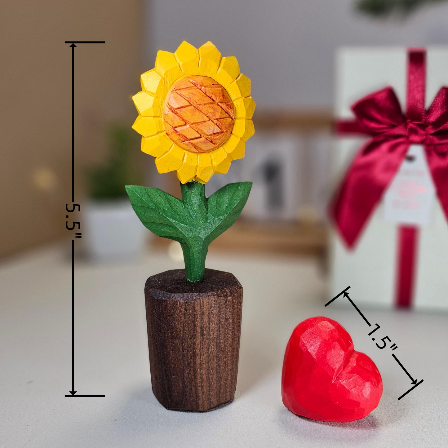 Sunflower + Red Heart Wooden Sculptures