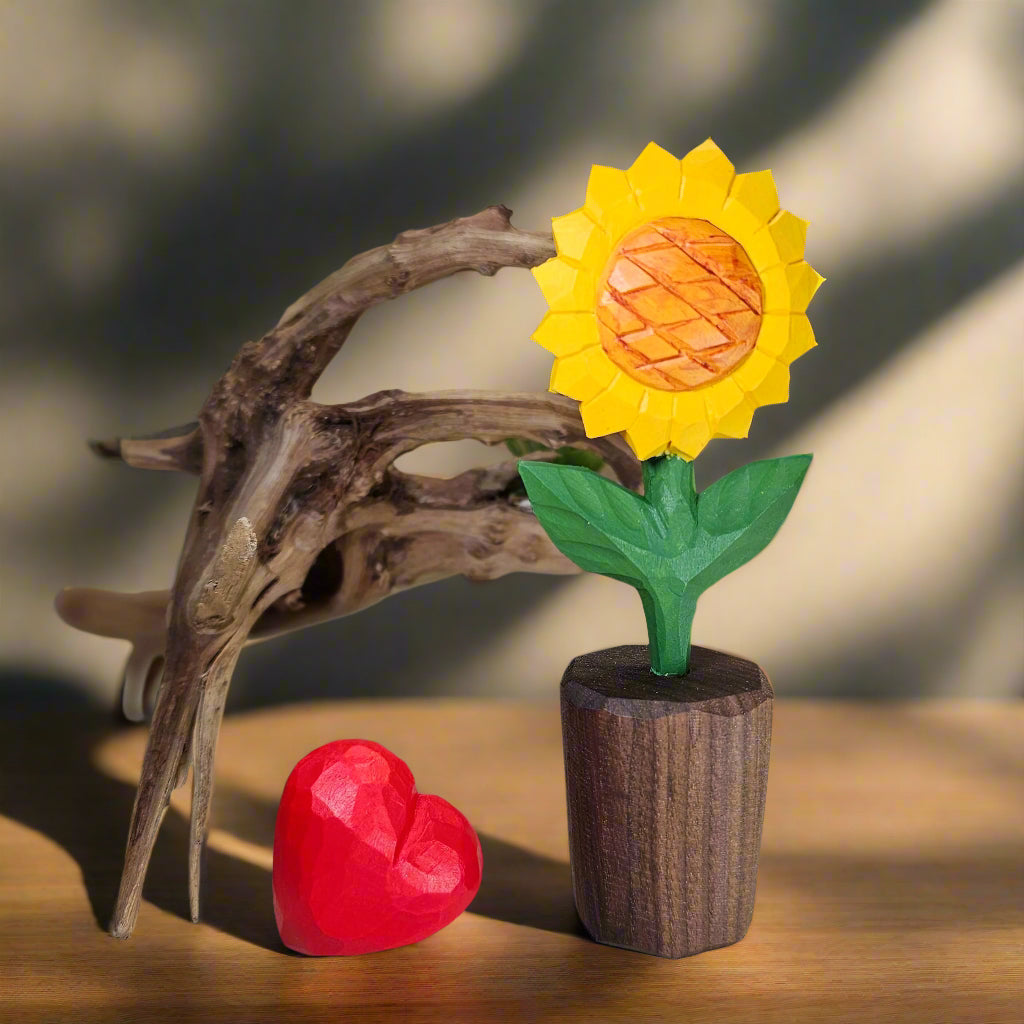 Sunflower + Red Heart Wooden Sculptures
