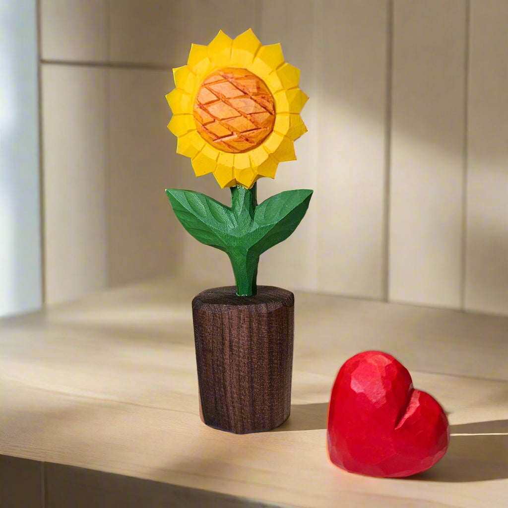 Sunflower + Red Heart Wooden Sculptures