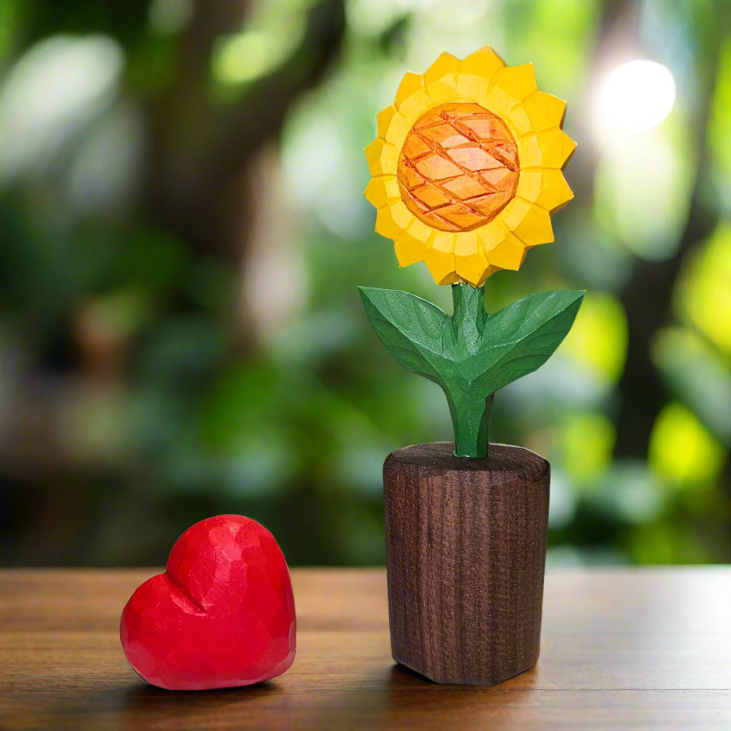 Sunflower + Red Heart Wooden Sculptures