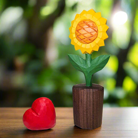 Sunflower + Red Heart Wooden Sculptures