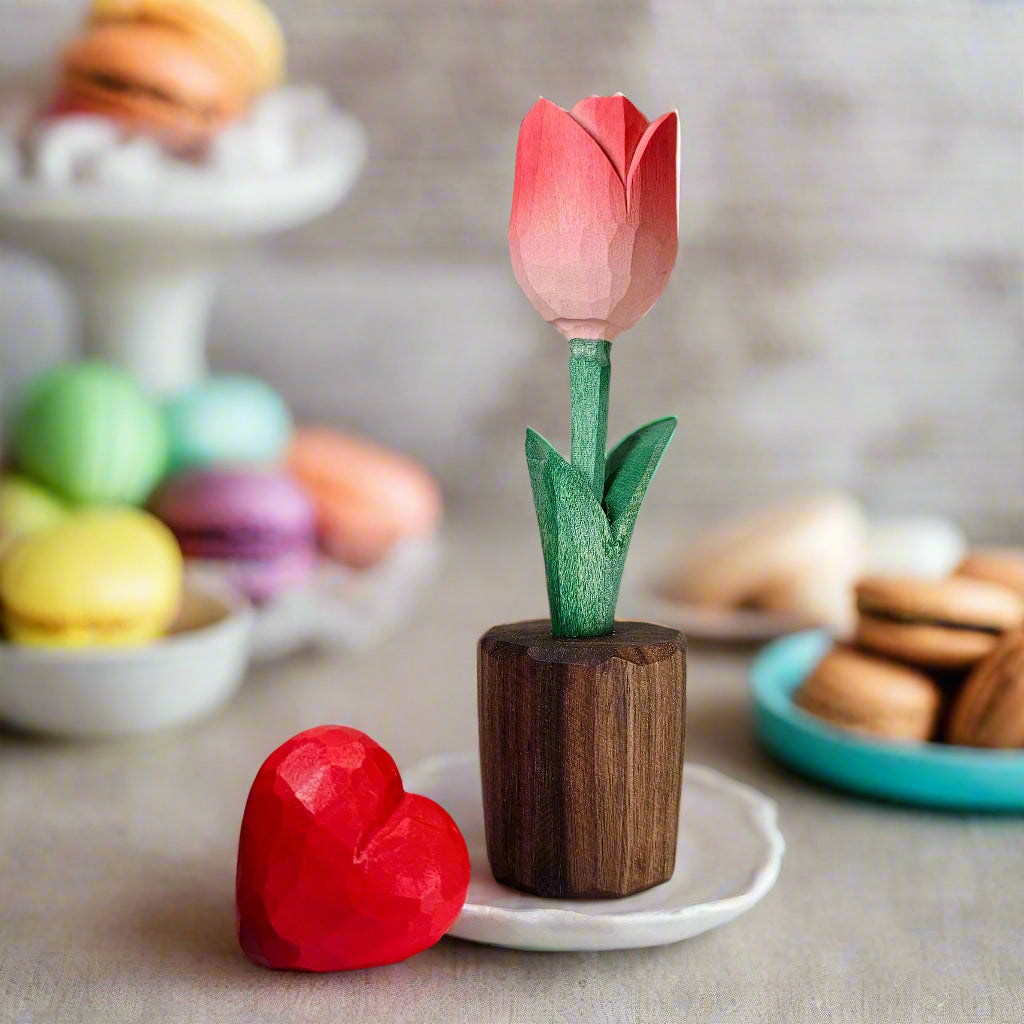 Tulip + Red Heart Wooden Sculptures