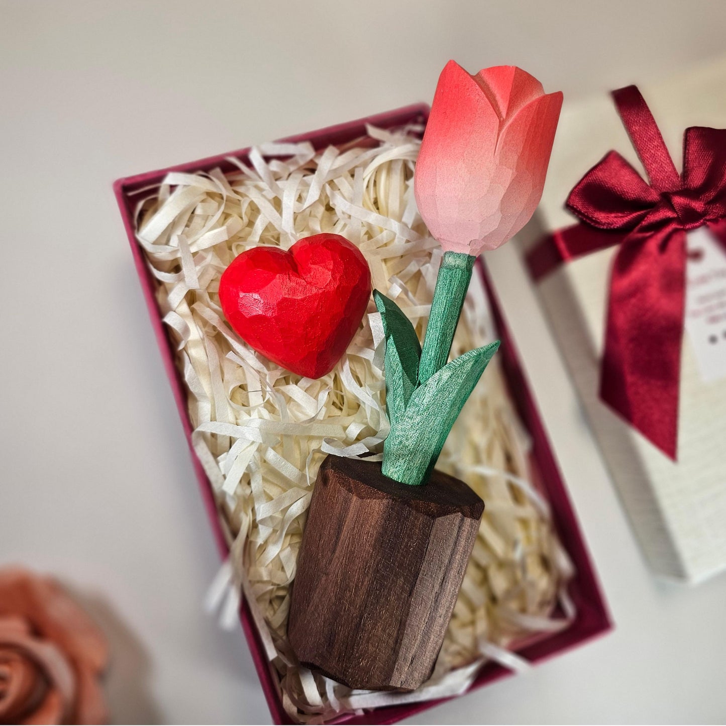 Tulip + Red Heart Wooden Sculptures