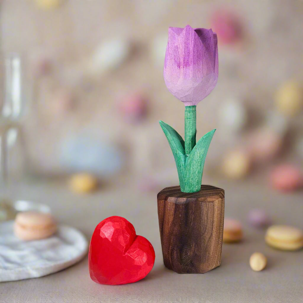 Tulip + Red Heart Wooden Sculptures