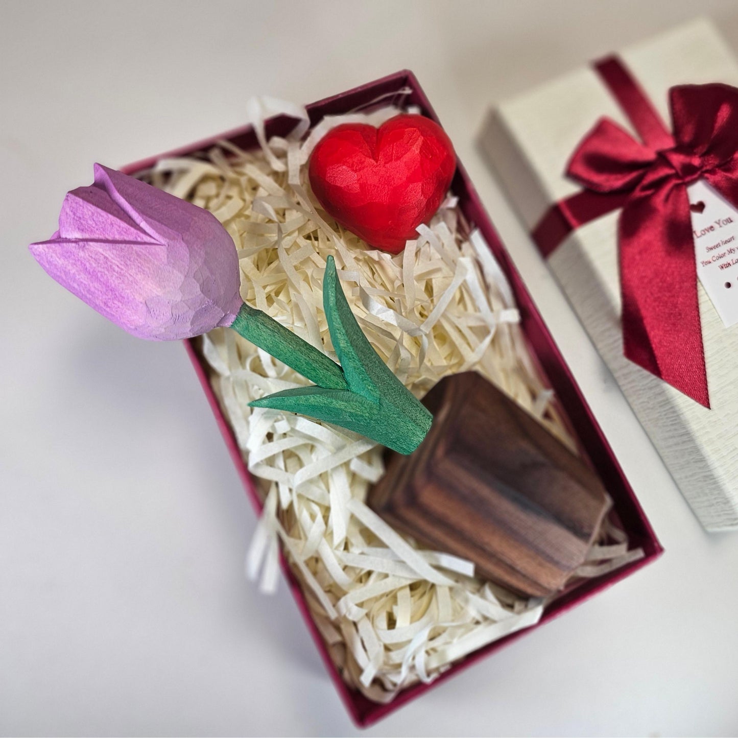 Tulip + Red Heart Wooden Sculptures