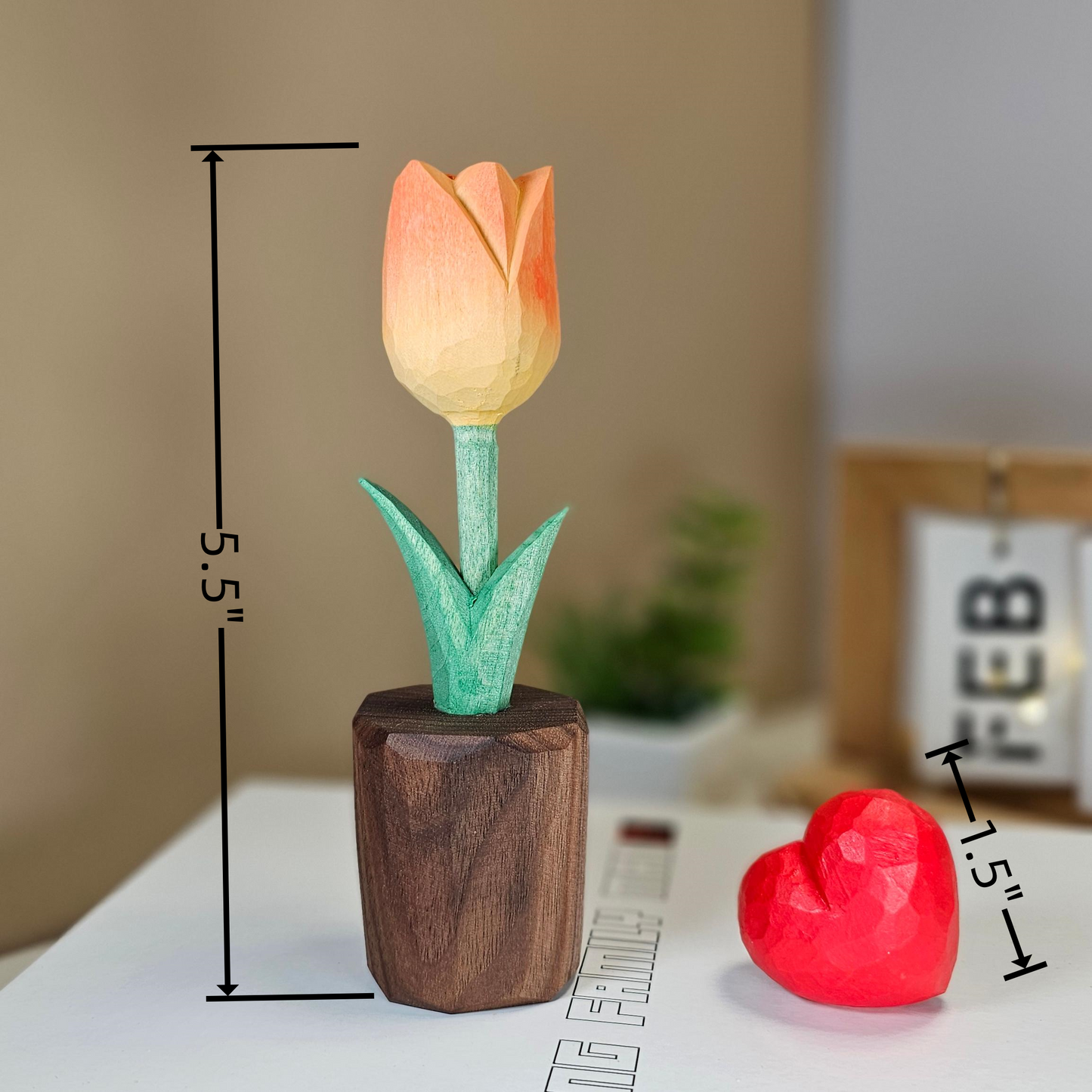 Tulip + Red Heart Wooden Sculptures