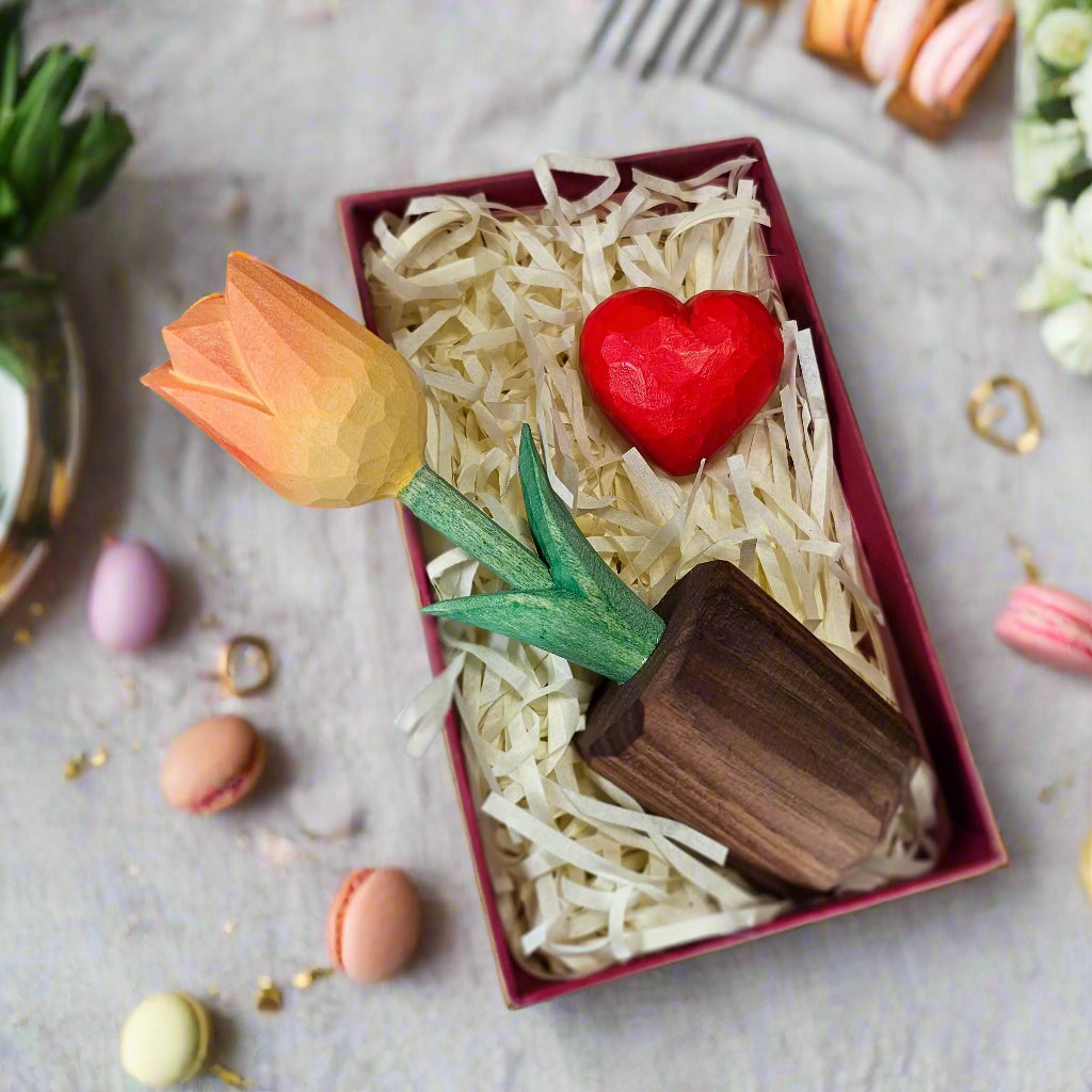 Tulip + Red Heart Wooden Sculptures