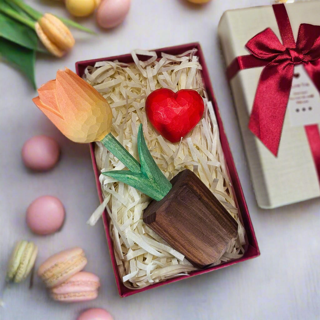 Tulip + Red Heart Wooden Sculptures