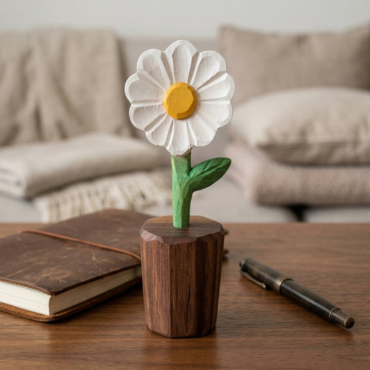 Wooden daisy flower on a wooden base with a notebook and pen in the background.