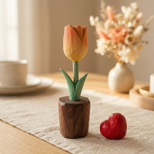 Tulip + Red Heart Wooden Sculptures