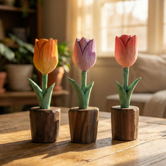 Three wooden tulip sculptures on a wooden surface with a blurred indoor background
