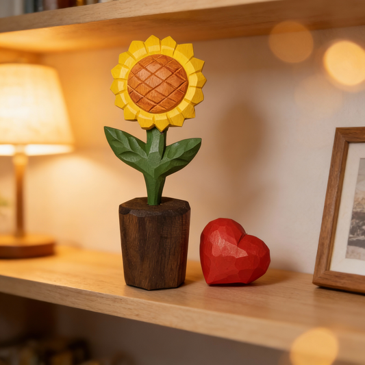 Decorative sunflower figurine in a pot on a wooden shelf with a blurred background