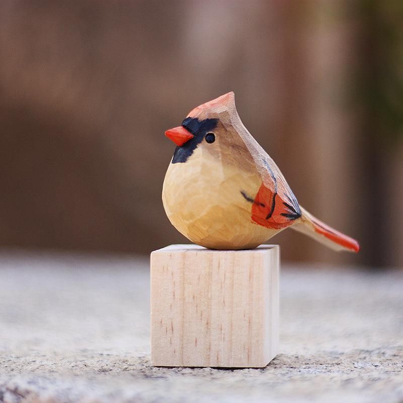 Female Northern Cardinal Bird Figurine Hand Carved Painted Wooden - paintedbird.shop