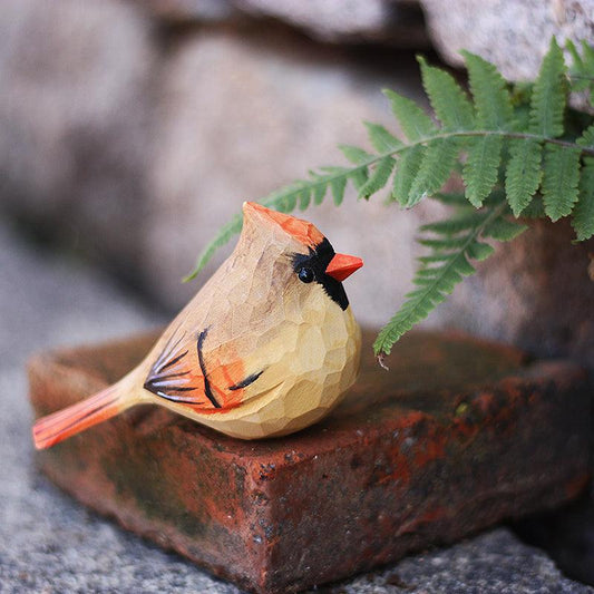 Female Northern Cardinal Bird Figurine Hand Carved Painted Wooden - paintedbird.shop