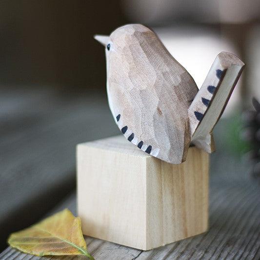 Winter Wren Bird Figurine Hand Carved Painted Wooden - paintedbird.shop