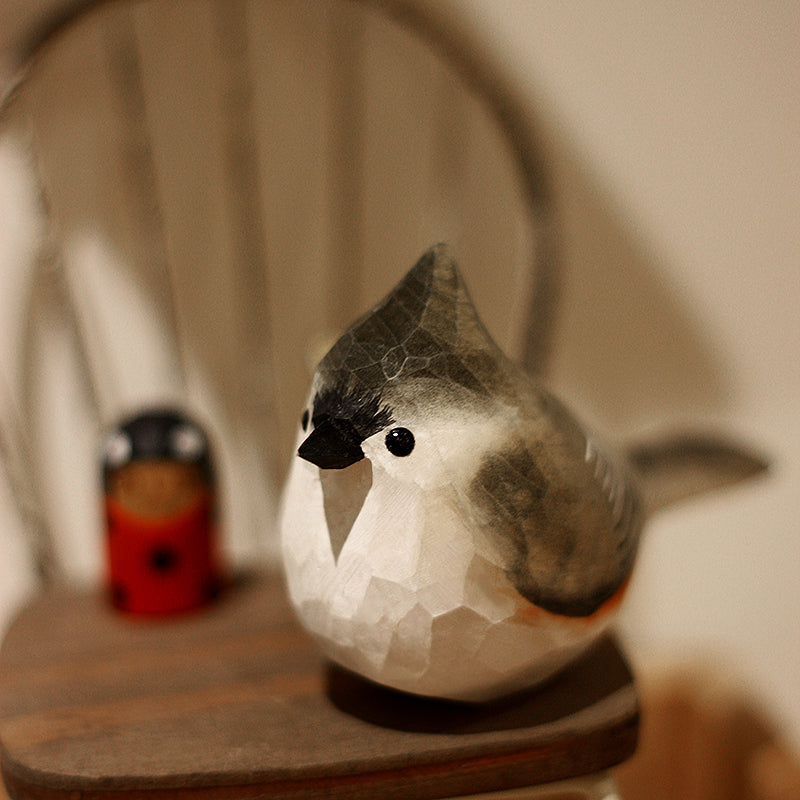 Tufted Titmouse Bird Figurine Hand Carved Painted Wooden - paintedbird.shop