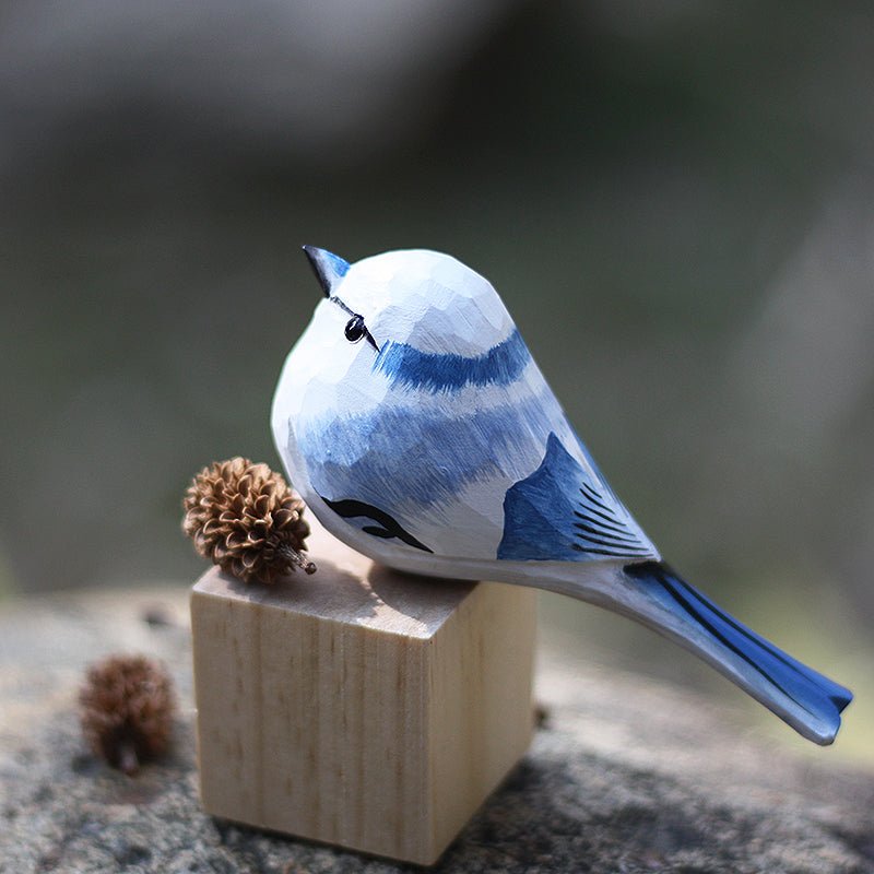 Azure tit Bird Figurine Hand Carved Decor - PAINTED BIRD SHOP