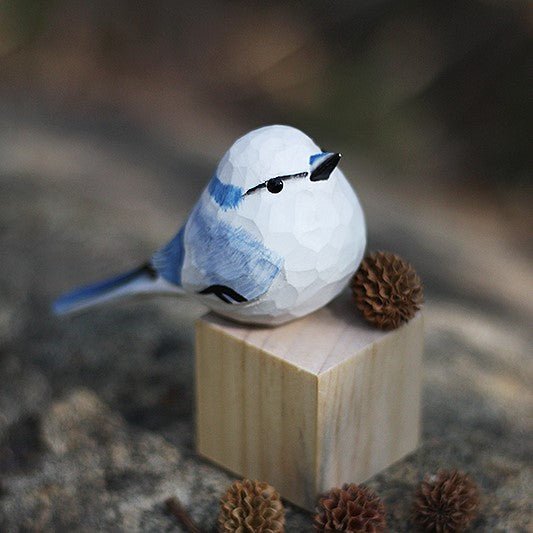 Azure tit Bird Figurine Hand Carved Decor - PAINTED BIRD SHOP