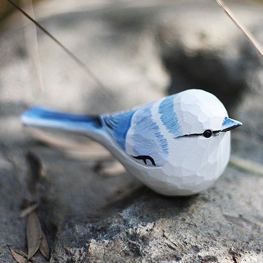 Azure tit Bird Figurine Hand Carved Decor - PAINTED BIRD SHOP
