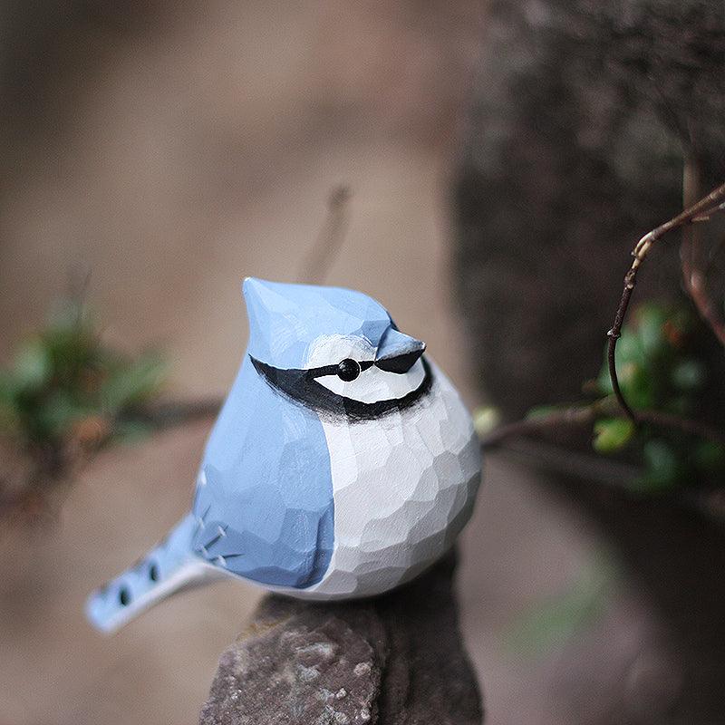 Blue Jay Bird Figurine Hand Carved Painted Wooden Decor - PAINTED BIRD SHOP