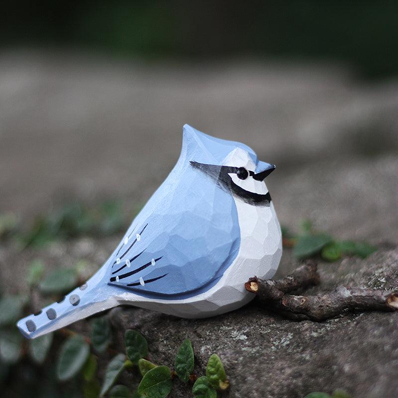 Blue Jay Bird Figurine Hand Carved Painted Wooden Decor - PAINTED BIRD SHOP