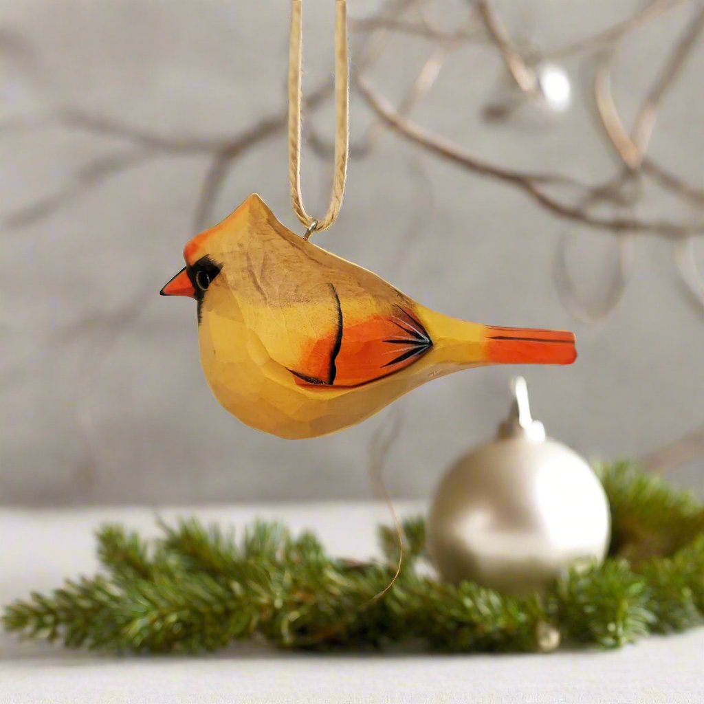 Cardinal Bird Ornaments Carved and Painted Wooden Bird Hanging - PAINTED BIRD SHOP
