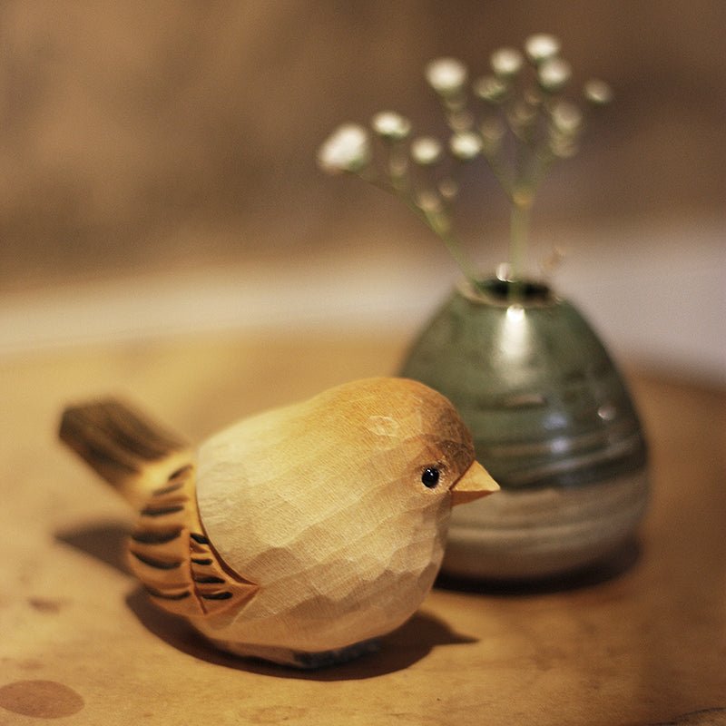 Chubby Bird Figurine Hand Carved Painted Wooden Decor - PAINTED BIRD SHOP