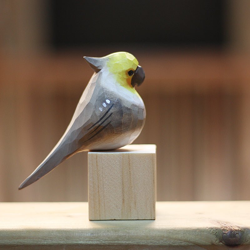 Cockatiel Figurine Hand Carved Painted Wooden Decor - PAINTED BIRD SHOP